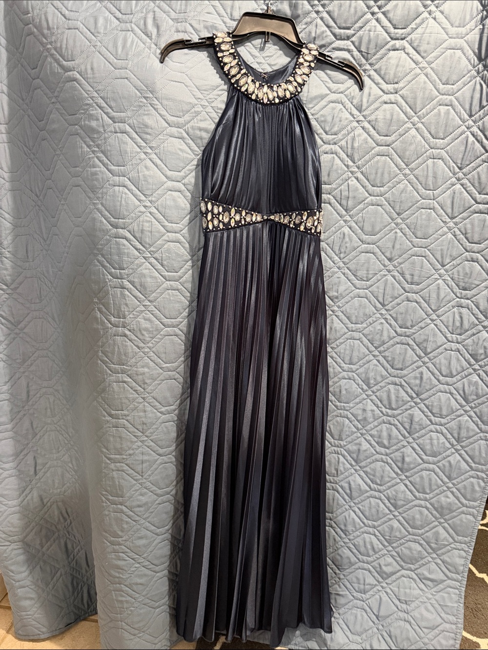 Embellished Halter Pleated Maxi Dress - dark blue